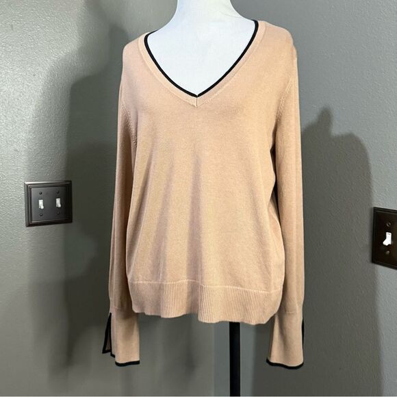 Halogen contrast Trim Sweater Tan Black V-neck Slit Sleeves - Picture 2 of 11